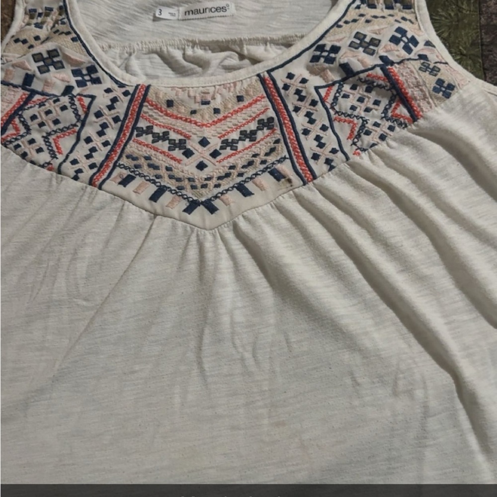 Maurices Cream Sleeveless Tank with Navy and Coral Embroidery